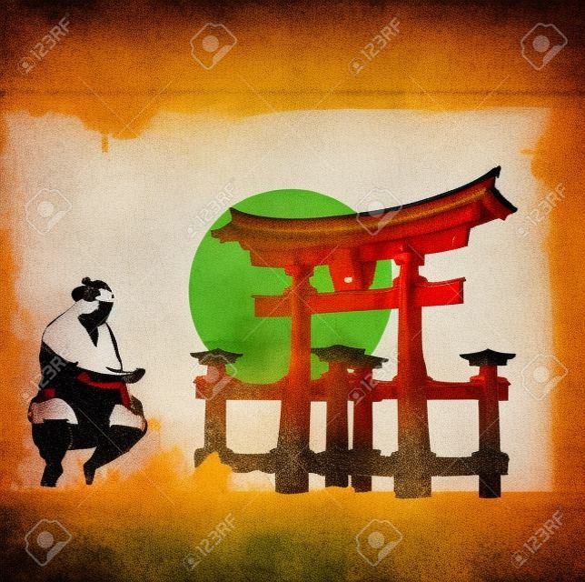 Miyajima Torii, sumo, Japanse vlag met grunge effect