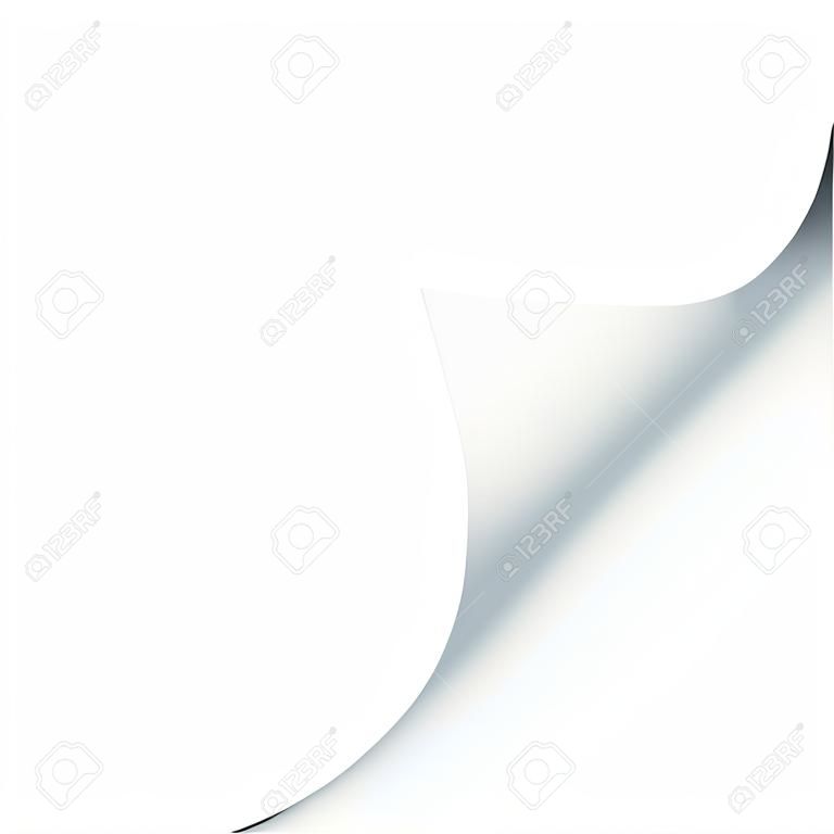 Foglio di carta bianco con pagina arricciata e ombra, elemento di design per pubblicità e messaggio promozionale isolato su sfondo bianco