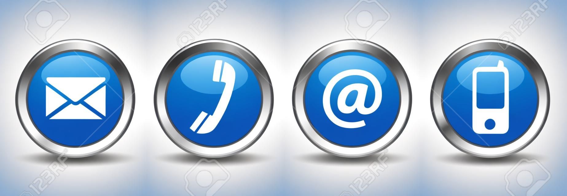 聯繫我們的網頁按鈕設置電子郵件，在電話和手機圖標上的藍銀徽章矢量EPS 10插圖隔絕在白色背景。