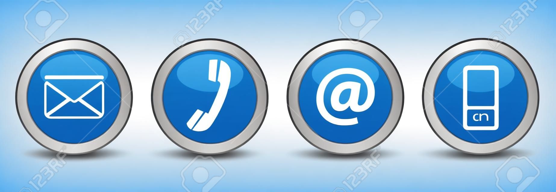 Contactez-nous boutons web mis avec le courrier électronique, au téléphone et icônes mobiles sur fond bleu vecteur insigne en argent EPS 10 illustration isolé sur fond blanc.