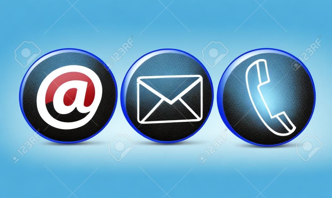 Web contacteer ons Internet concept met e-mail, telefoon en op zwart pictogram en symbool op witte knoppen voor website, blog en on-line business.