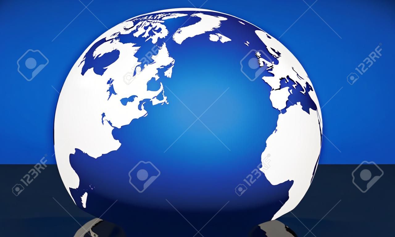 Viagem, serviços e conceito de gestão de negócios internacionais com mapa do mundo em um globo e fundo azul com espaço de cópia.