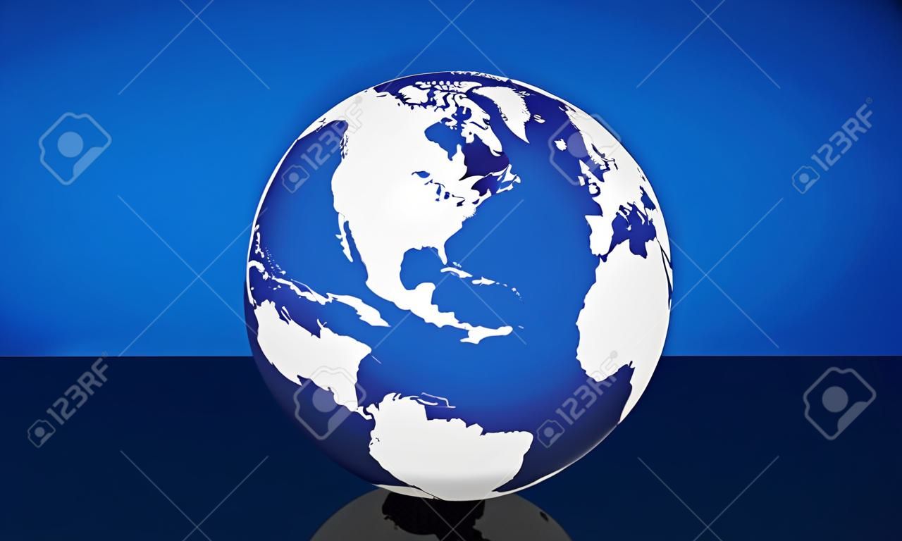 Viagem, serviços e conceito de gestão de negócios internacionais com mapa do mundo em um globo e fundo azul com espaço de cópia.