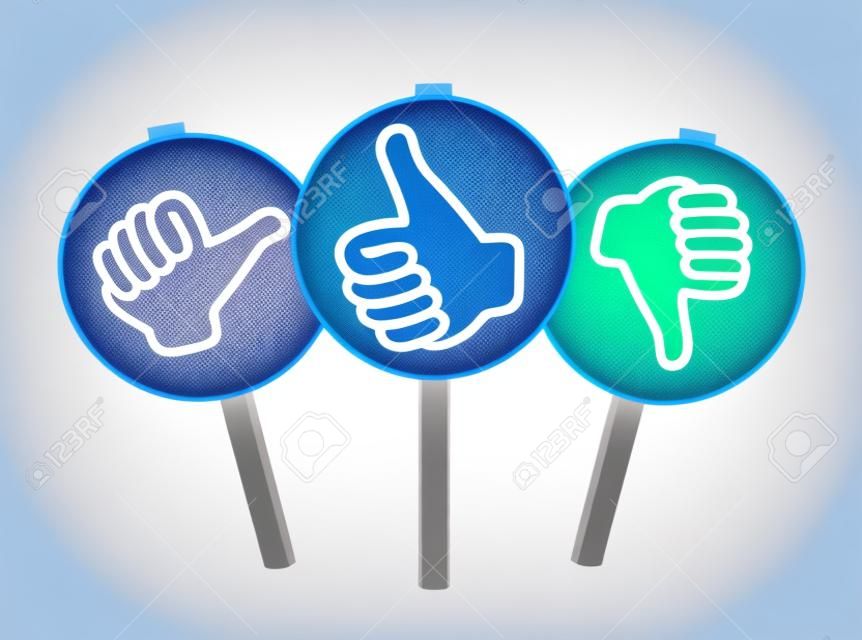 Opinie klientów biznesowych, ocena i badanie pozytywne i negatywne post znak z kciukiem w górę iw dół ikonę wyizolowanych na białym tle.