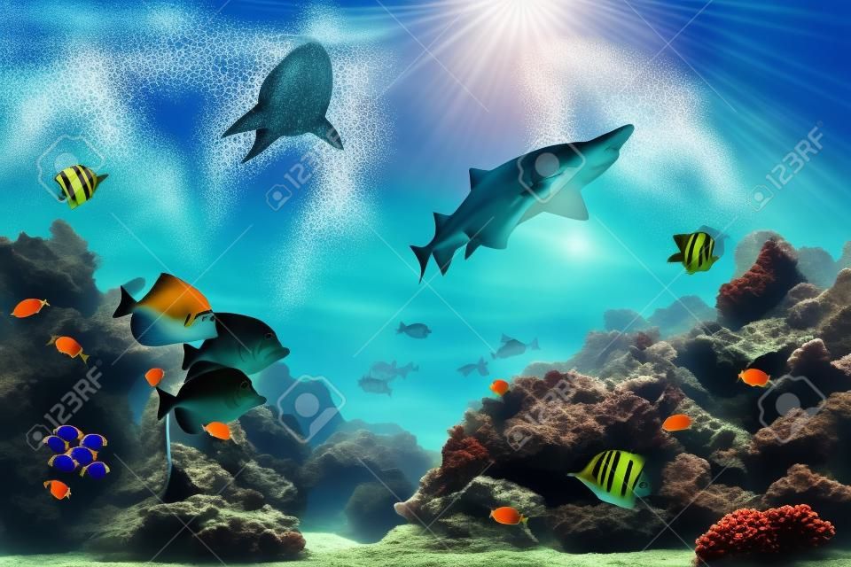 Scena subacquea. Coral reef, gruppi di pesci colorati, squali e soleggiata, cielo splende attraverso l'acqua di mare pulito. Alta risoluzione