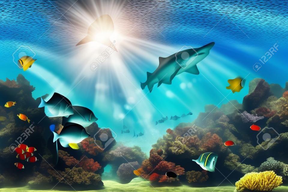 Underwater scene. Coral reef, colorful fish groups, sharks and sunny sky shining through clean ocean water. High resolution