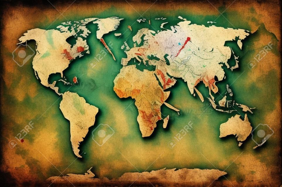 Vintage world map. Colorful paint, watercolor, retro style expression on grunge, old paper.