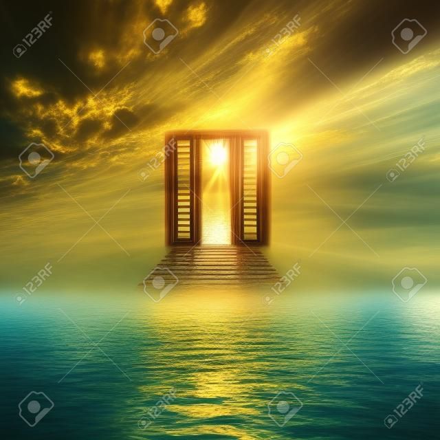 Puerta es el paraíso, en el camino del agua hacia la luz, nuevo mundo. Conceptos para la religión, Dios, la esperanza, la fe.