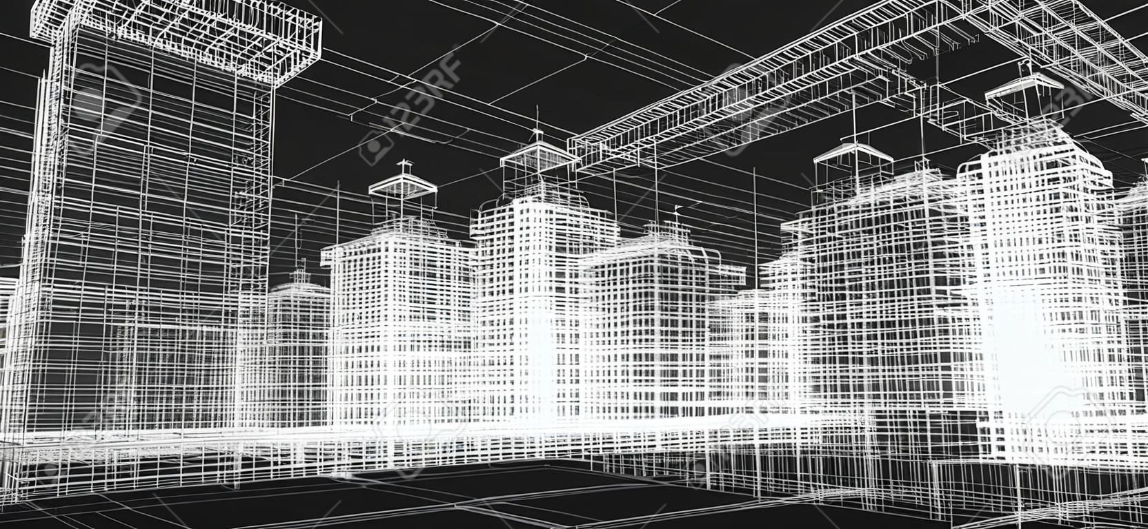 Ciudad proyecto edificios, imprimir alambre 3d, diseño. Arquitectura, plan urbano, la industria de bienes raíces