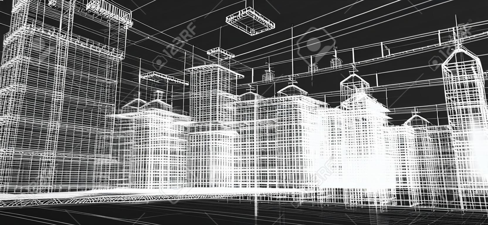 Ciudad proyecto edificios, imprimir alambre 3d, diseño. Arquitectura, plan urbano, la industria de bienes raíces