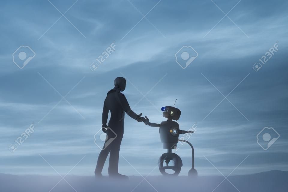 El hombre y el robot se encuentran y apretón de manos. Concepto de la futura interacción con la inteligencia artificial. representación 3D.