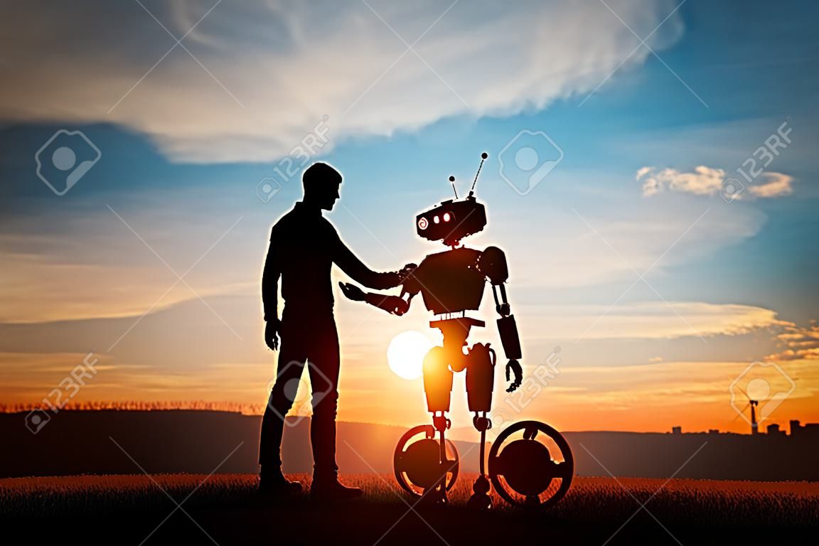 인간과 로봇 대회와 악수입니다. 인공 지능과 미래의 상호 작용의 개념입니다. 3D 렌더링.