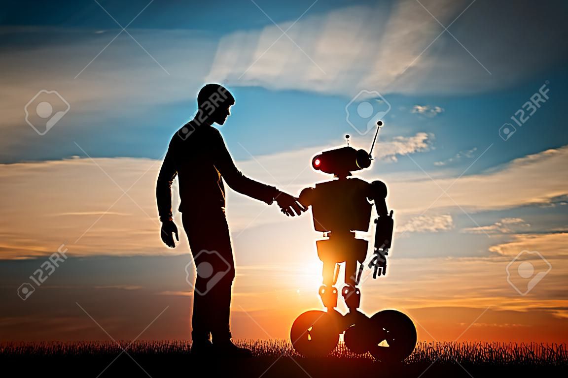 Homem e robô se encontram e aperto de mão. Conceito da interação futura com a inteligência artificial. renderização 3D.