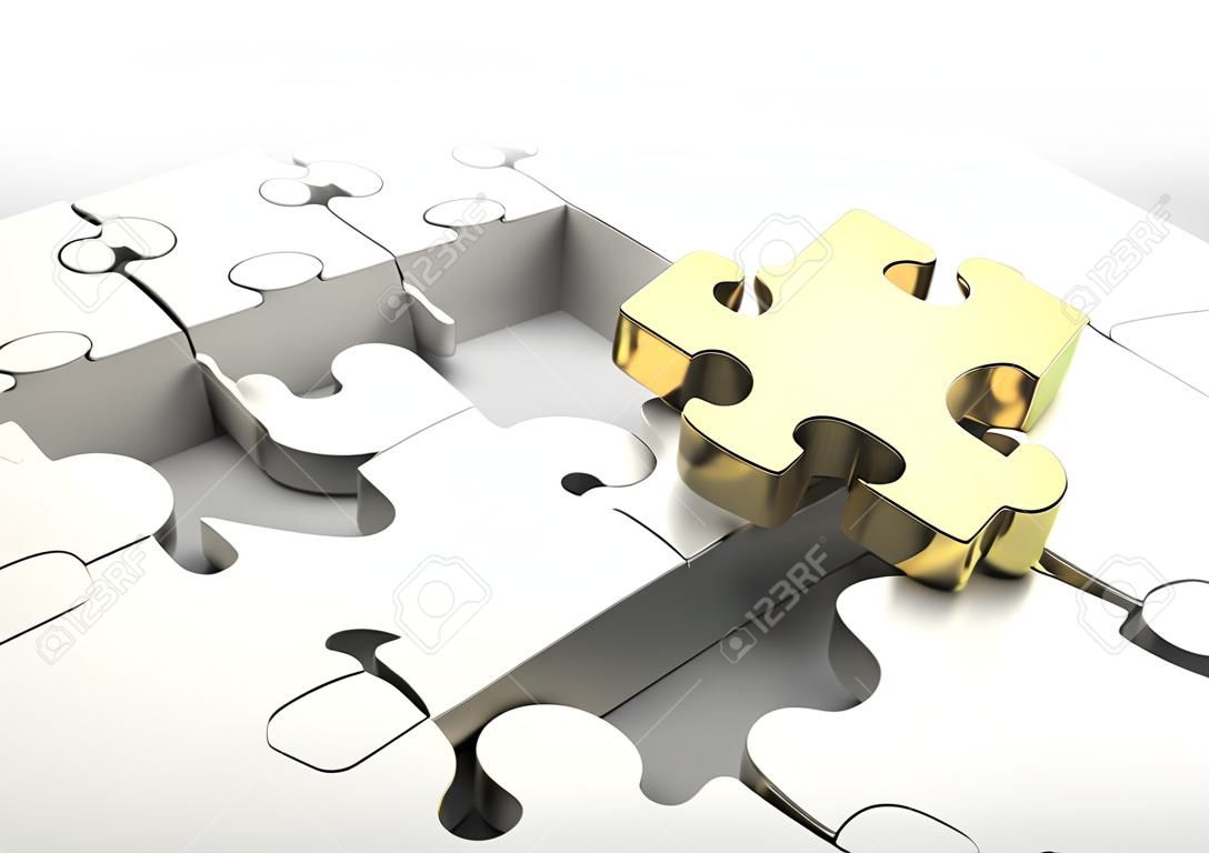 Last golden puzzle piece to complete a jigsaw. Concept of business solution, solving a problem. 3D illustration