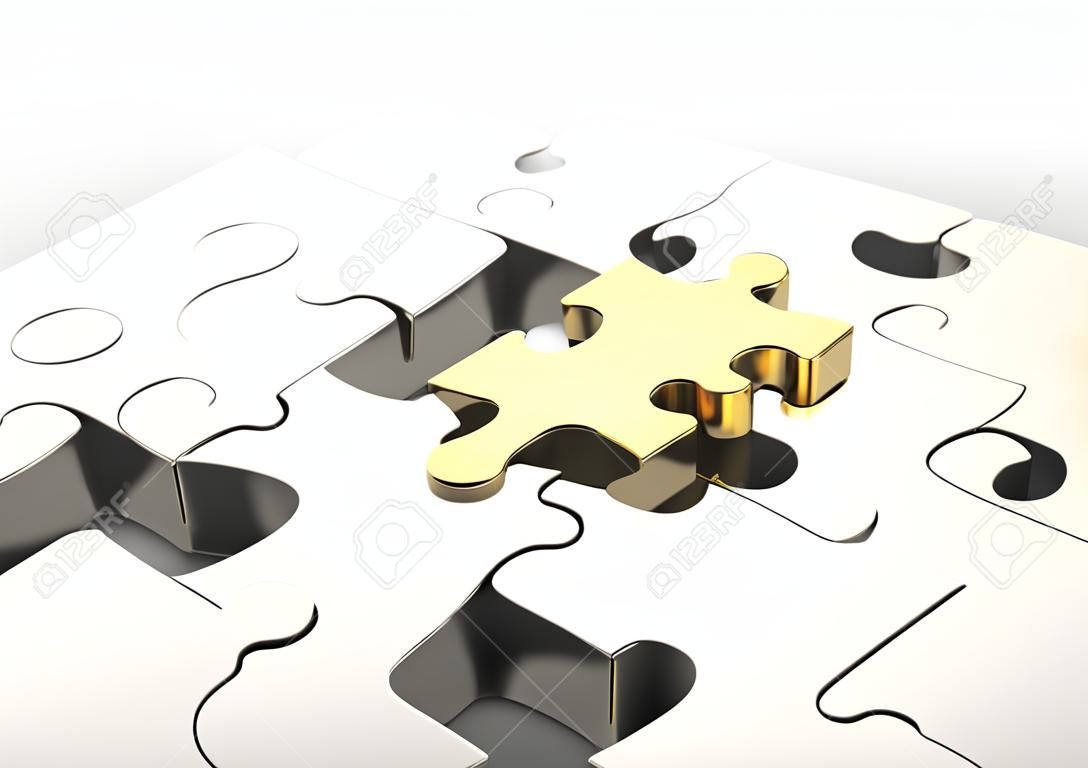 Letzte goldenen Puzzleteil ein Puzzle zu vervollständigen. Konzept der Business-Lösung, ein Problem zu lösen. 3D-Darstellung
