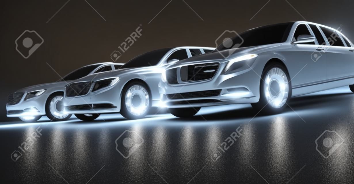 Luxurious cars, limousines in garage with lights turned on. Generic and brandless yet contemporary and elegant look. 3D illustration