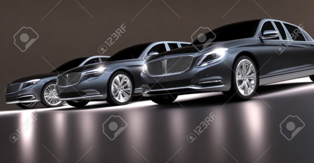 Luxe auto's, limousines in garage met verlichting ingeschakeld. Generieke en brandloze maar toch eigentijdse en elegante look. 3D-illustratie