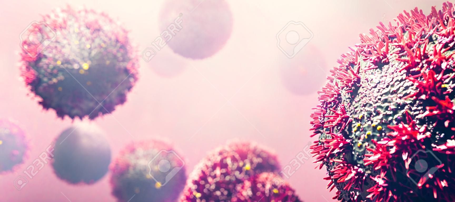Coronavirus COVID-19 organismo di attacco. Corona virus che causa pandemia. illustrazione 3D