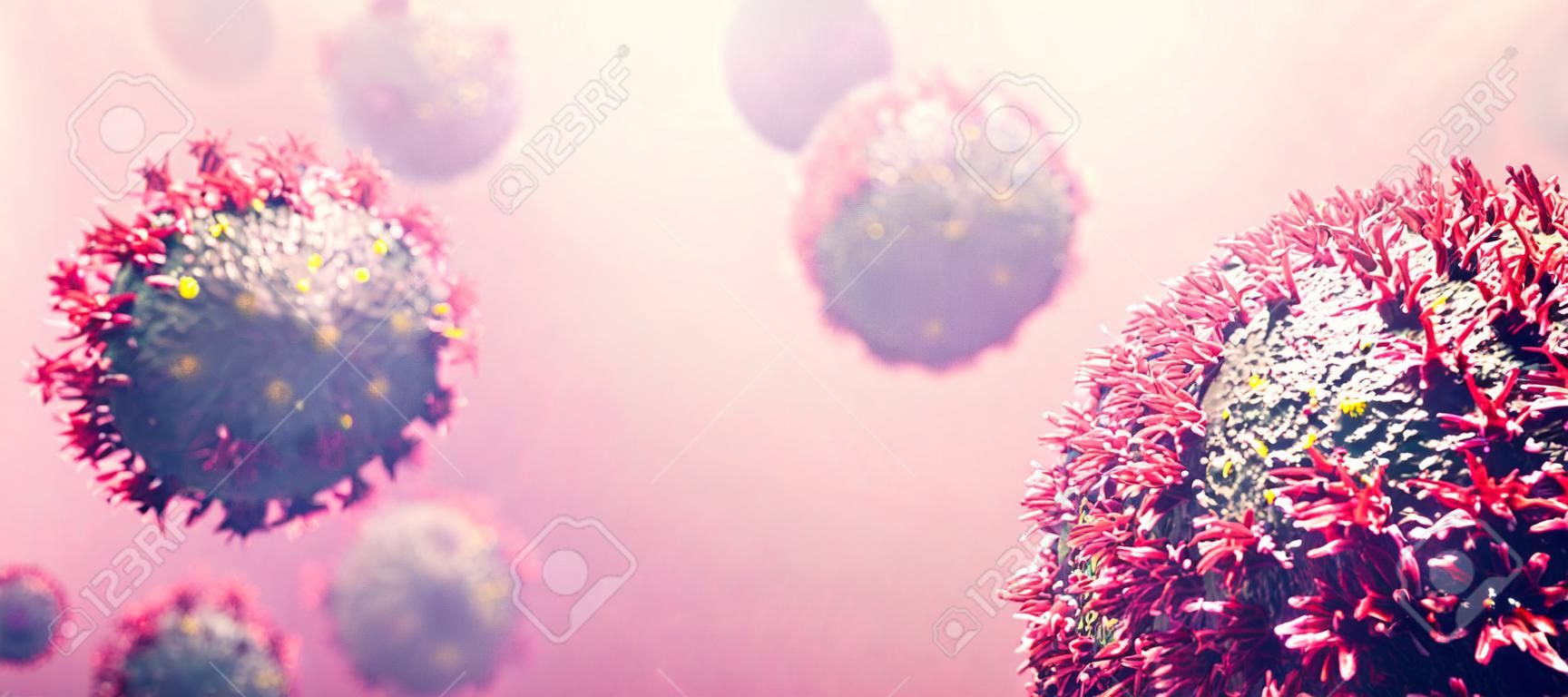 Coronavirus COVID-19 organismo di attacco. Corona virus che causa pandemia. illustrazione 3D