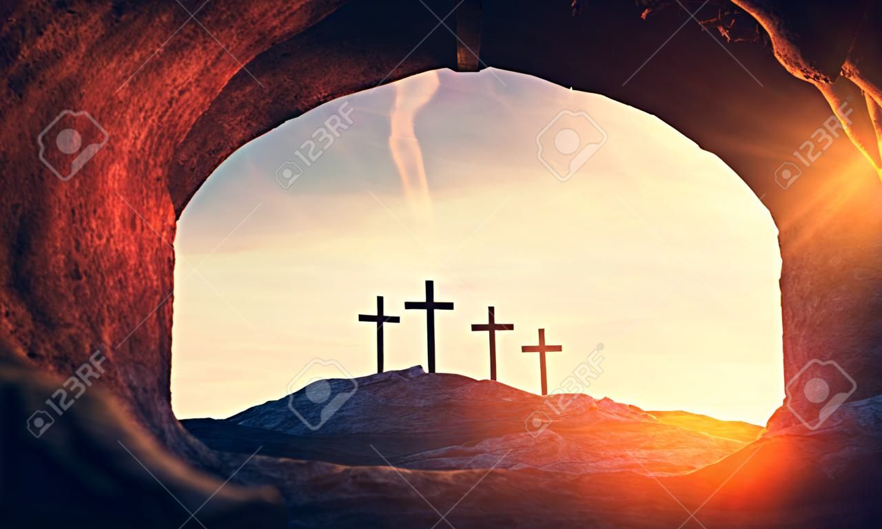 Tomba di Gesù Cristo. Crocifissione e risurrezione. Religione, tema pasquale. illustrazione 3D