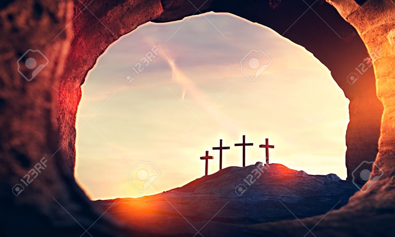 Tomba di Gesù Cristo. Crocifissione e risurrezione. Religione, tema pasquale. illustrazione 3D