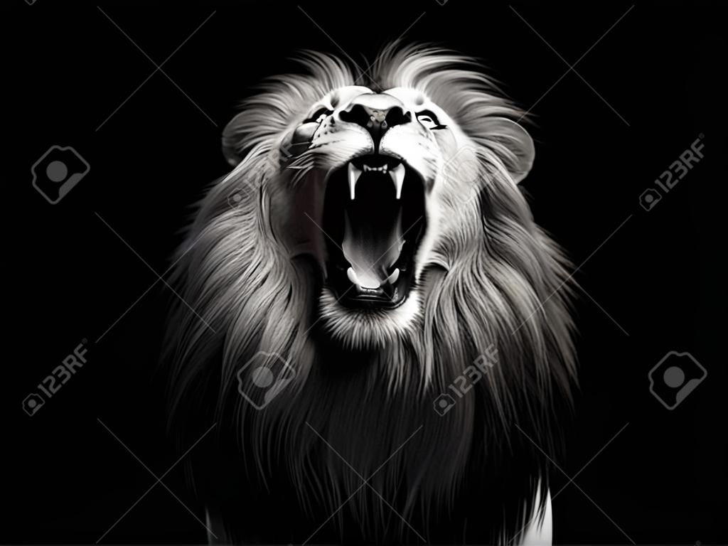 Portret ryczącego lwa na czarnej ilustracji 3D