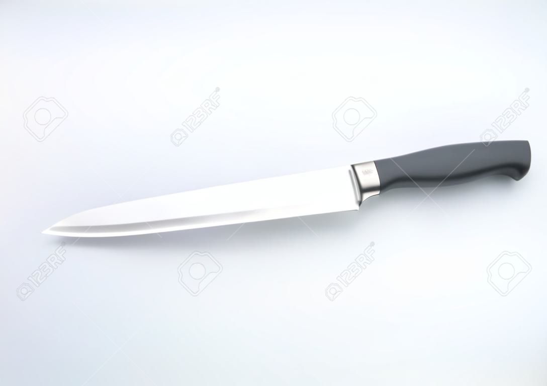 Cocina: Vista superior del cuchillo de cocina con hoja de acero inoxidable sobre fondo blanco.