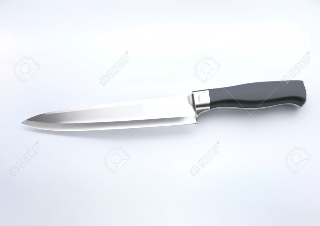 Cucina: vista dall'alto del coltello da cucina con lama in acciaio inossidabile su sfondo bianco