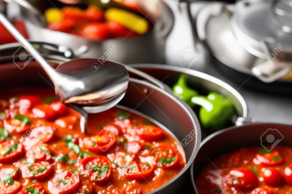 closeup de uma panela com molho de tomate e algumas frigideiras com tomates cozidos cereja e pimentas verdes, em uma cozinha profissional