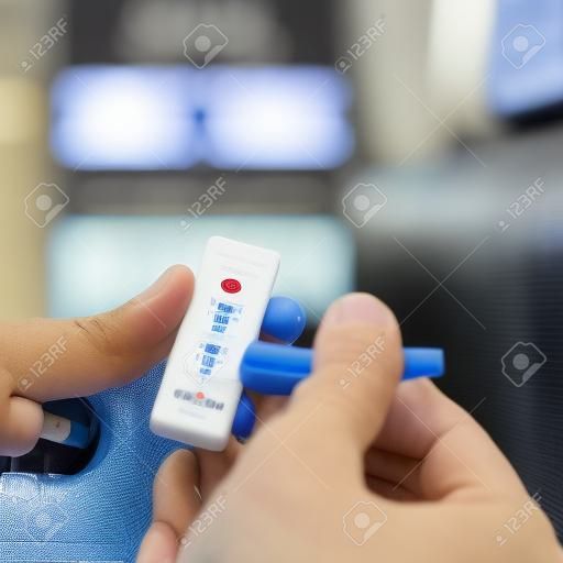 여행가방 옆에 있는 대기실에 앉아 있는 동안 공항에서 자신의 샘플을 covid-19 항원 진단 테스트 장치에 넣는 백인 청년의 클로즈업