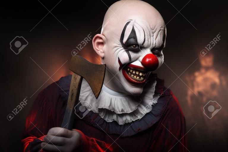 closeup of a creepy bald evil clown threatening the observer with an axe with stains of blood, against a black background