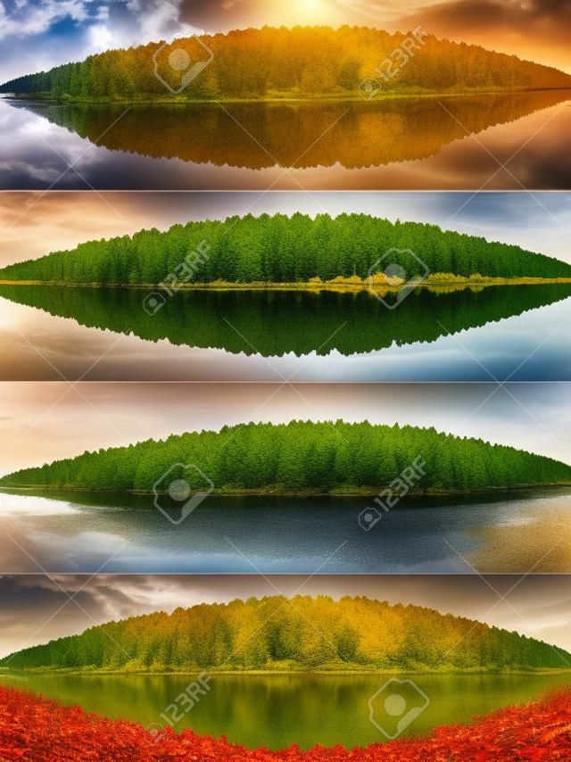 コラージュの季節 4: 夏、秋、冬、春します。森の湖の同じ風景のセットです。パノラマ。