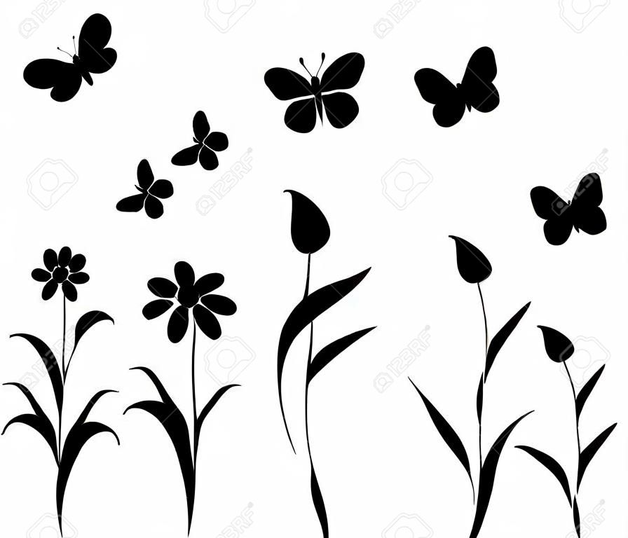 Черные цветы бабочки и силуэты стрекоз. Векторные фоны, принты, текстильные украшения.