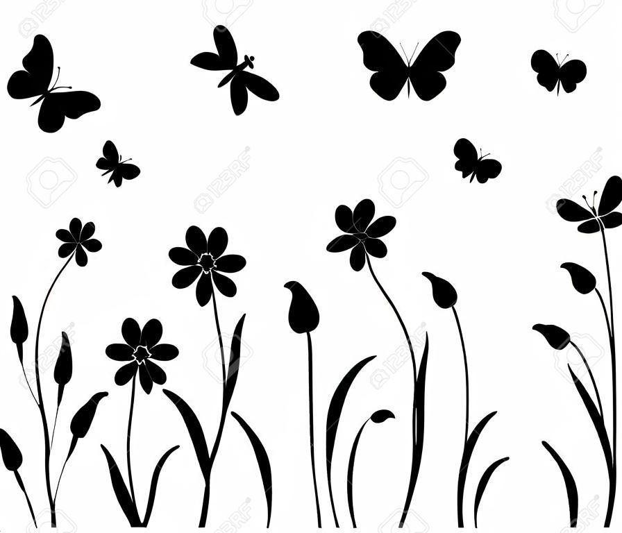 Черные цветы бабочки и силуэты стрекоз. Векторные фоны, принты, текстильные украшения.