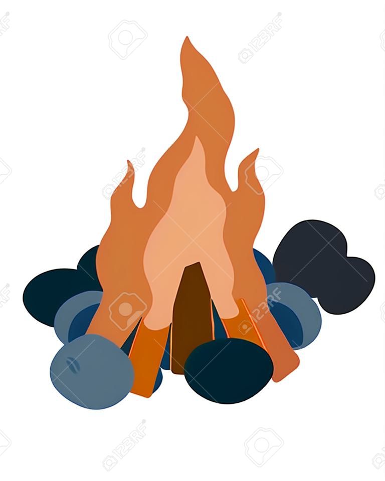 Burning campfire with wood and stones cartoon illustration