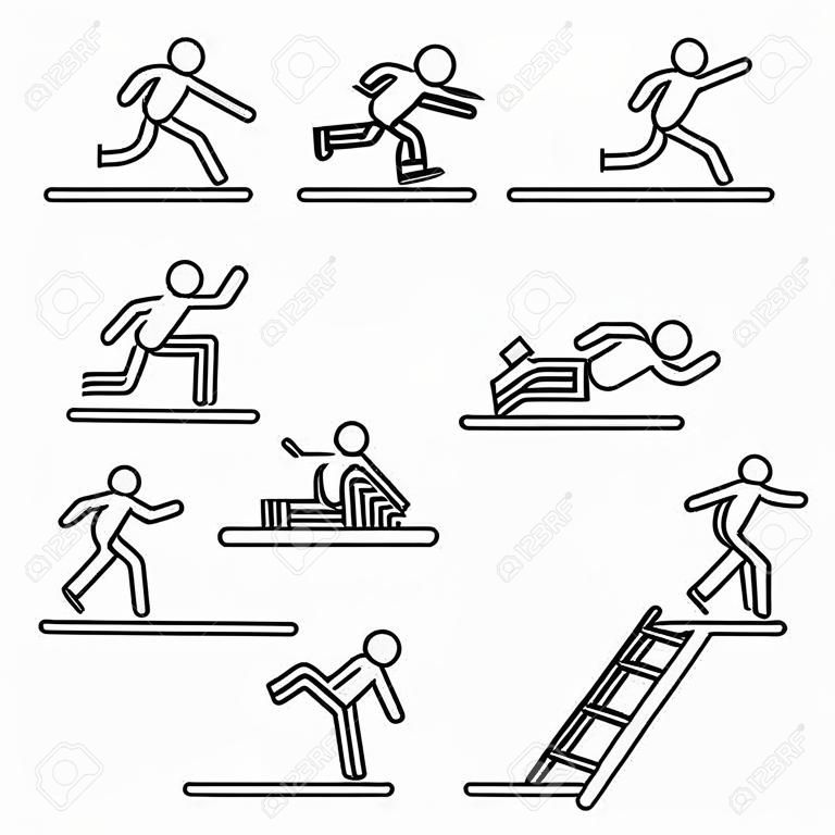 People falling or slipping thin line icon set. Vector.