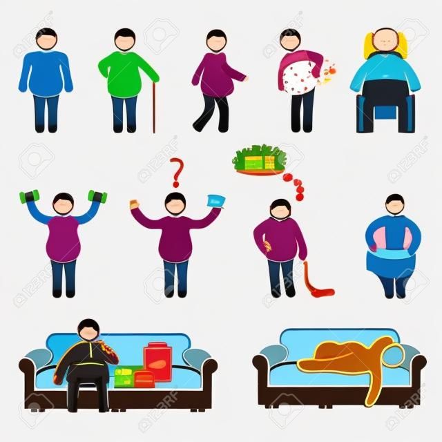 Fat and obese people icons set. Vector.
