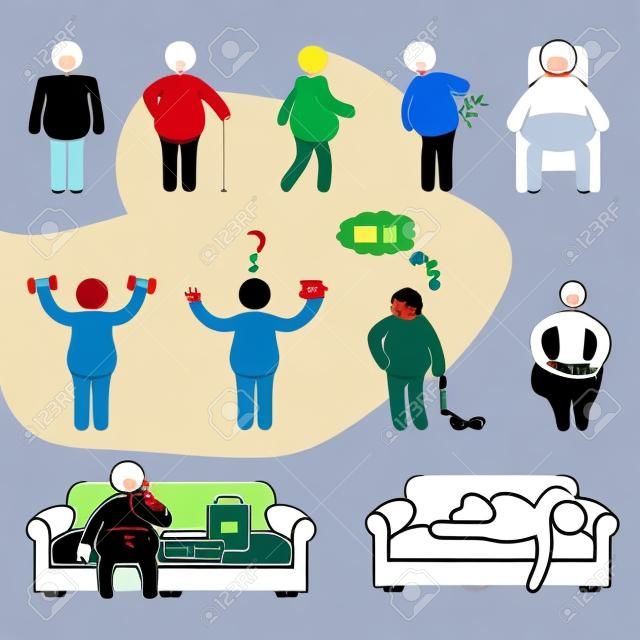 Fat and obese people icons set. Vector.