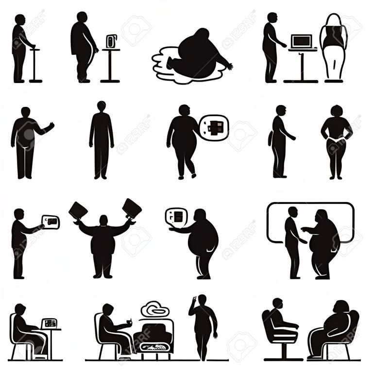 Conjunto de ícones de pessoas gordas e obesas. Vector.