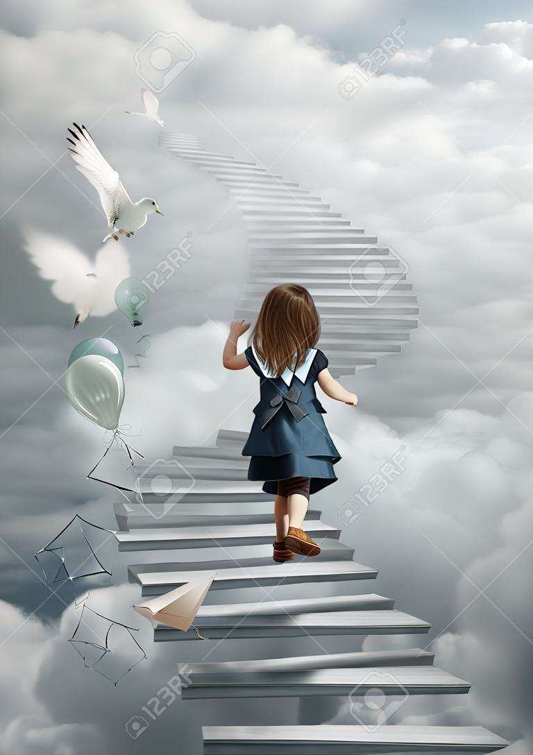 La niña sube las escaleras hasta las nubes