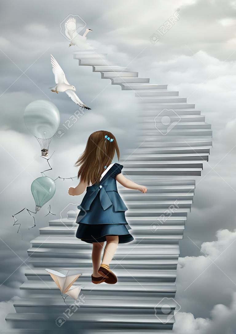 La niña sube las escaleras hasta las nubes