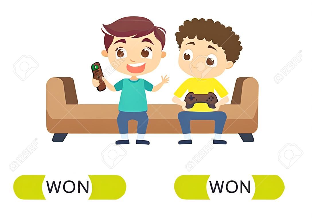 Opposites concept, WON and LOST. Word card for language learning. Boy is happy to win the game console, other boy is angry at losing. Flashcard with antonyms for children vector template. Flat illustration with typography.
