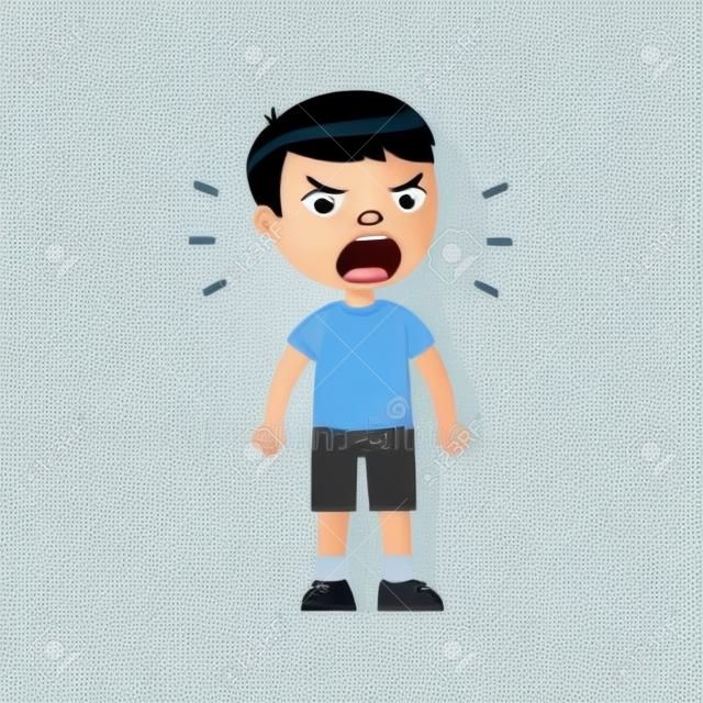 Little asian boy screams out loud, clenching his hands into fists. Angry male child standing cartoon character. Ð¡hild shows bad behavior. Disorder of the child's psyche. Flat vector illustration, isolated on white background