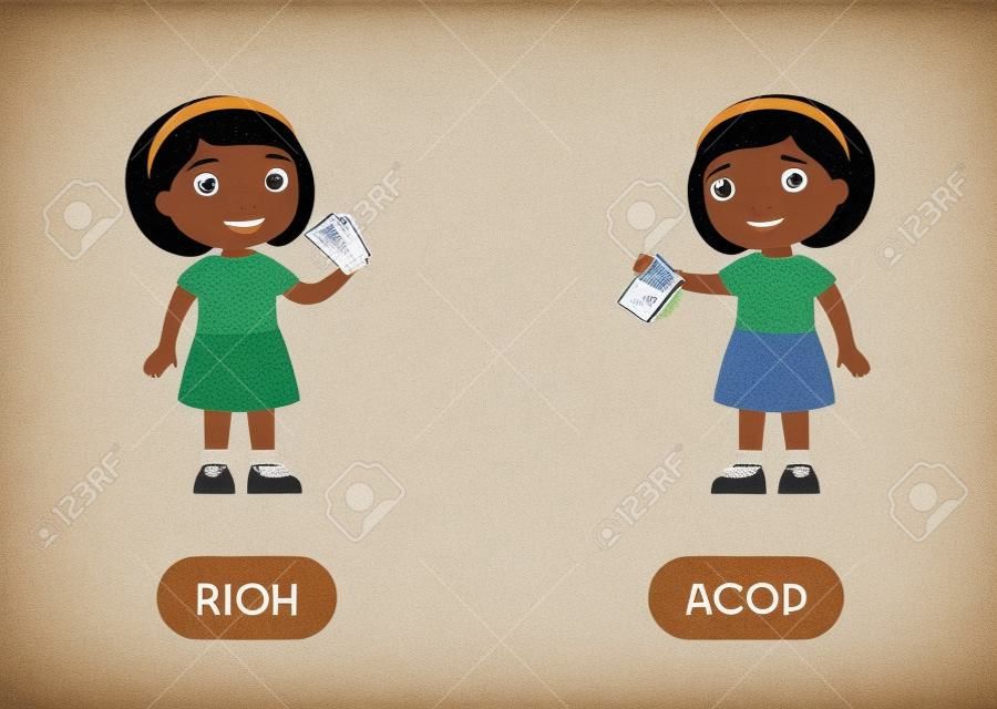 부자와 가난한 반의어 단어 카드, 반대 개념. 영어 학습을 위한 플래시 카드. 손에 지폐가 있는 어린 소녀, 빈 지갑이 있는 어두운 피부의 아이