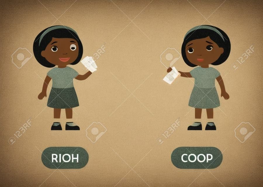 부자와 가난한 반의어 단어 카드, 반대 개념. 영어 학습을 위한 플래시 카드. 손에 지폐가 있는 어린 소녀, 빈 지갑이 있는 어두운 피부의 아이