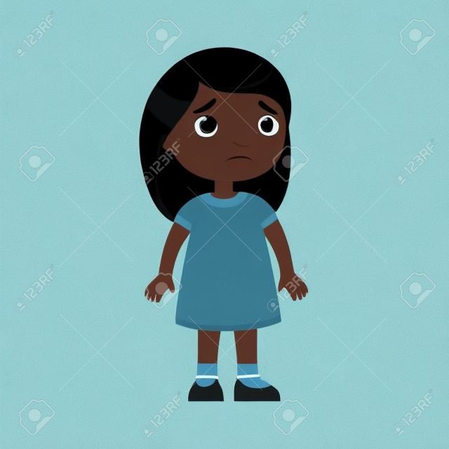 悲しみの小さなインドの女の子。一人で立っている漫画のキャラクターを動揺させる暗い肌の子供。気分の悪い孤独な子供、白い背景で隔離の人の不幸な表情