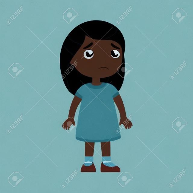 슬픔 작은 인도 소녀. 혼자 만화 캐릭터를 서 있는 어두운 피부 아이를 화나게 합니다. 기분이 좋지 않은 외로운 아이, 흰색 배경에 격리된 불행한 표정