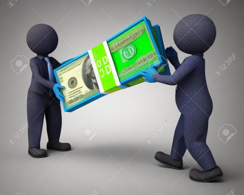 3d визуализации бизнес-мужчина, вручая большой пакет денег на своего партнера