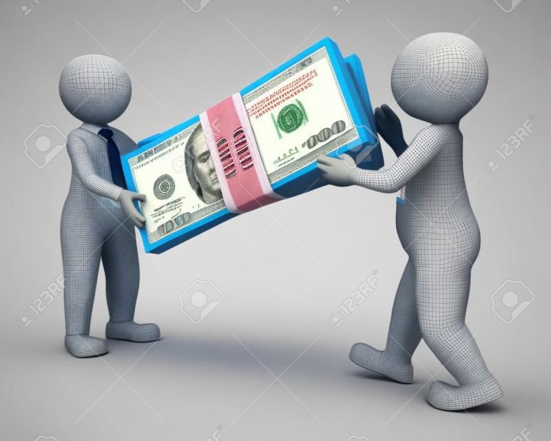 3d rendered business man handing over a big pack of money to his partner