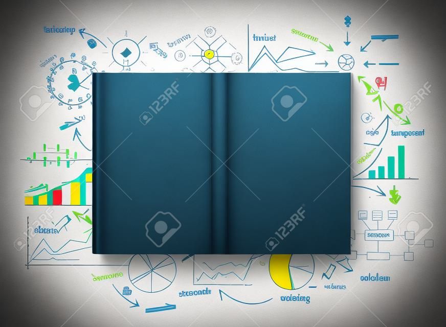 Book with drawing charts and graphs success business strategy plan concept idea
